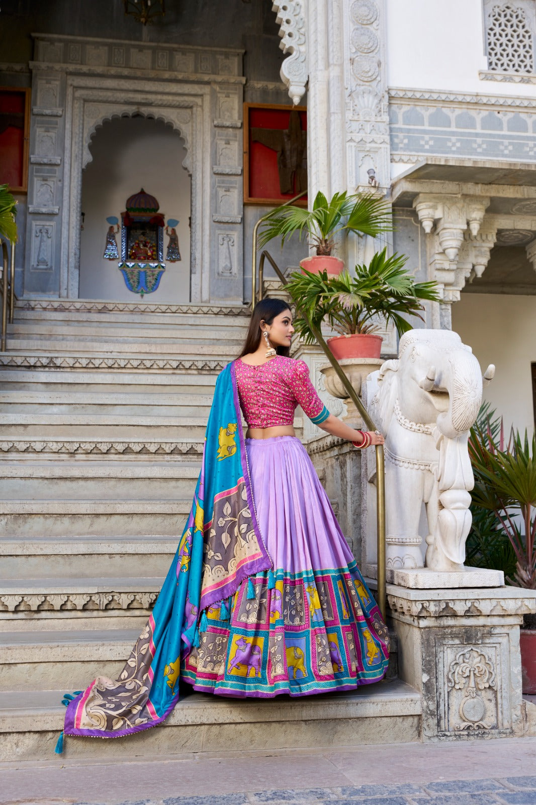 Fabulous Tussar Silk Kalamkari Printed Foil Worked Lehenga Choli - Ethnicwish