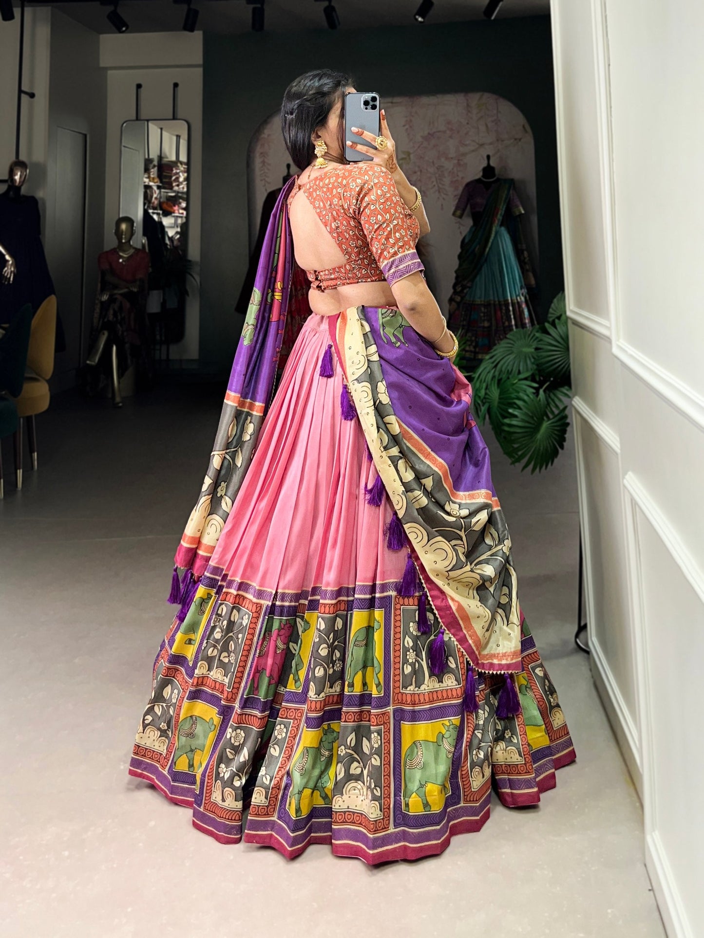 Fabulous Tussar Silk Kalamkari Printed Foil Worked Lehenga Choli - Ethnicwish