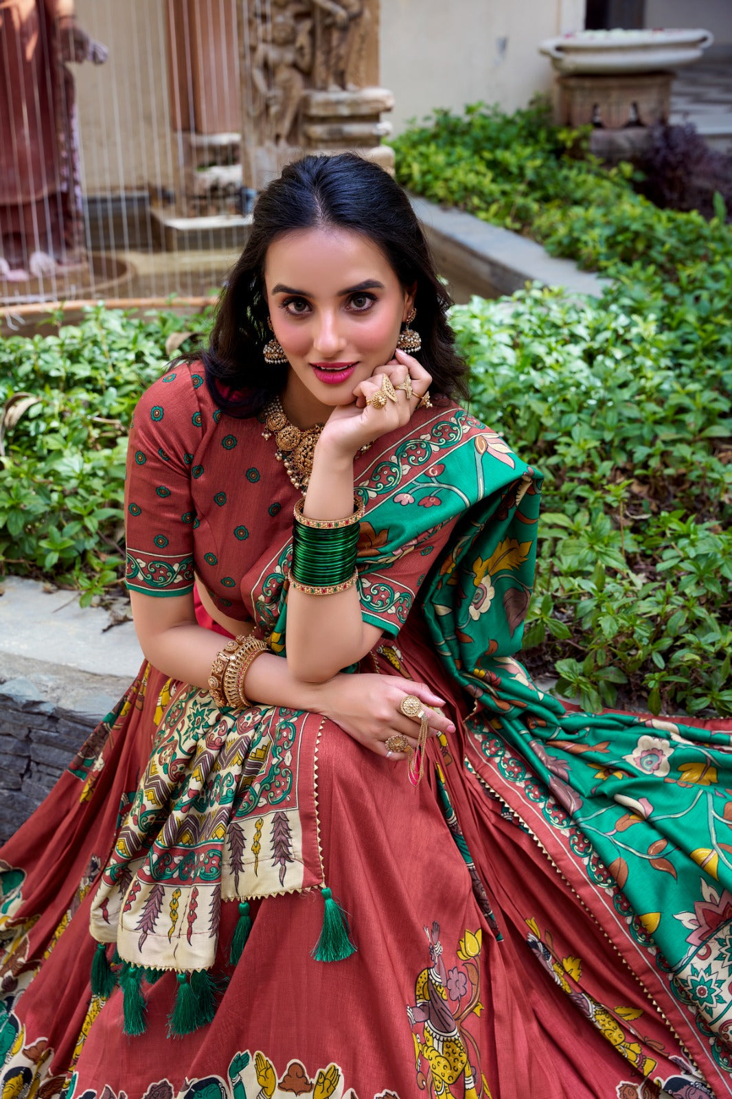 Exquisite Tussar Silk Kalamkari Printed Foil Worked Lehenga Choli