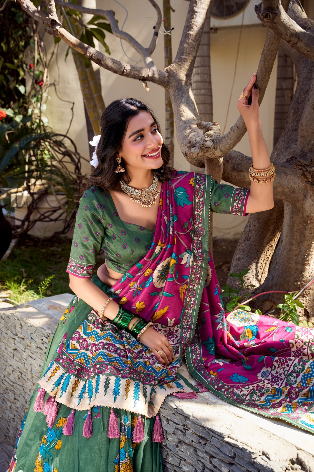 Exquisite Tussar Silk Kalamkari Printed Foil Worked Lehenga Choli