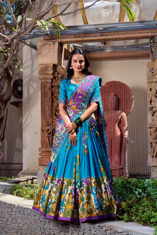 Exquisite Tussar Silk Kalamkari Printed Foil Worked Lehenga Choli
