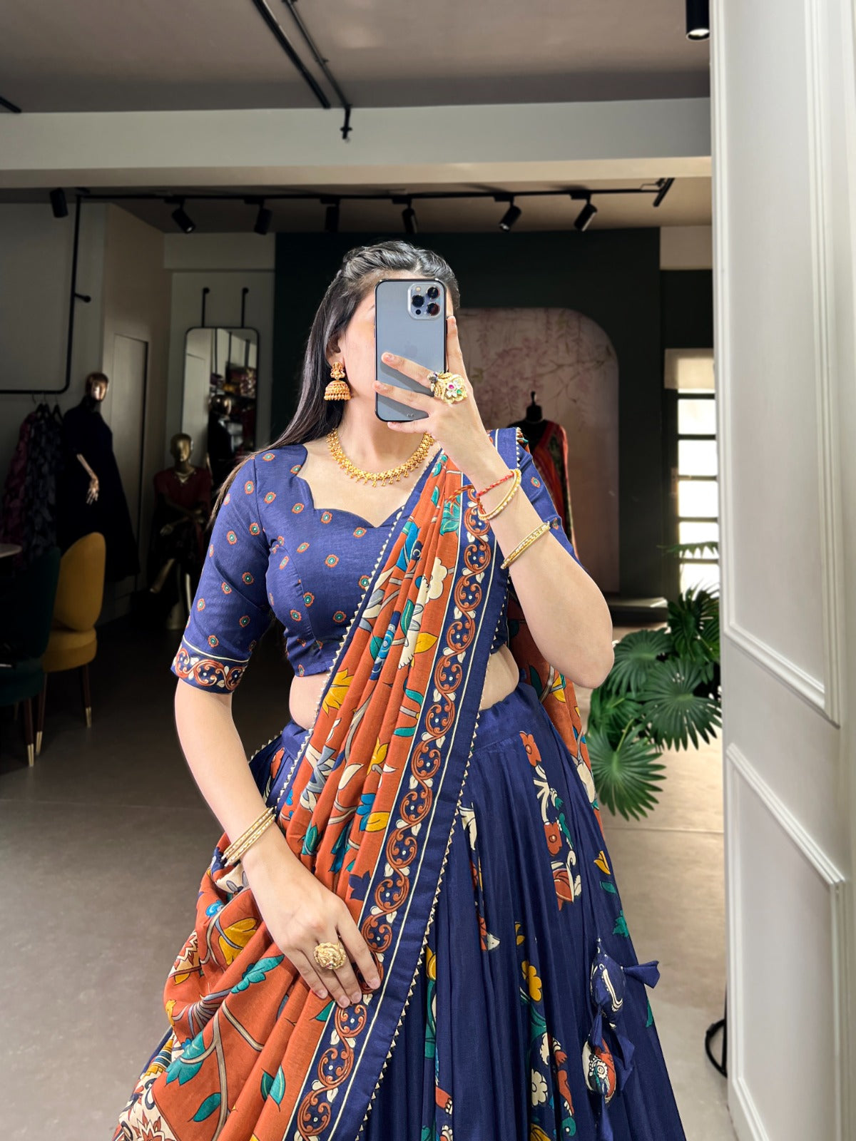 Exquisite Tussar Silk Kalamkari Printed Foil Worked Lehenga Choli