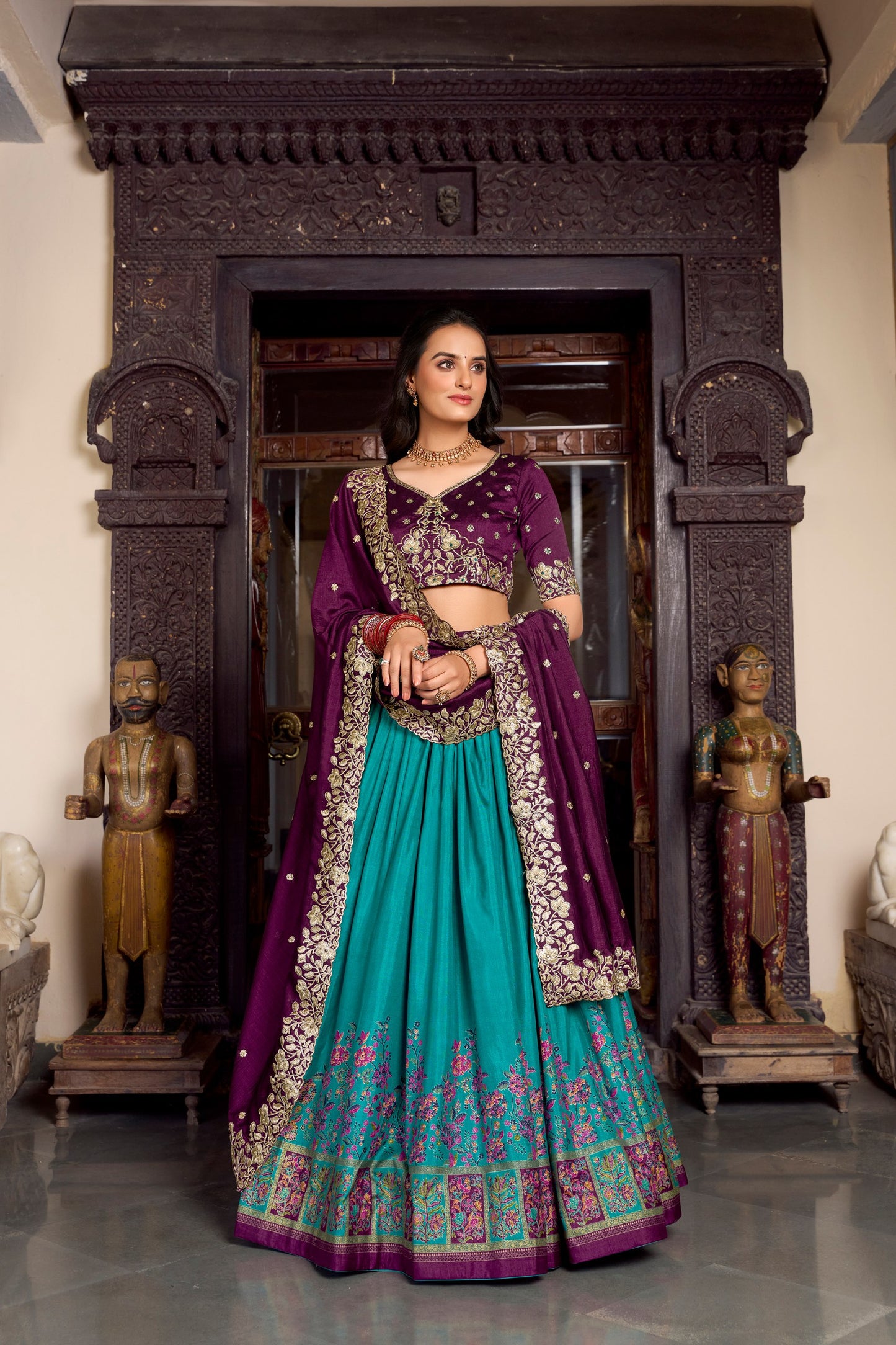 Exquisite Tussar Silk Printed Foil Worked Lehenga Choli Set