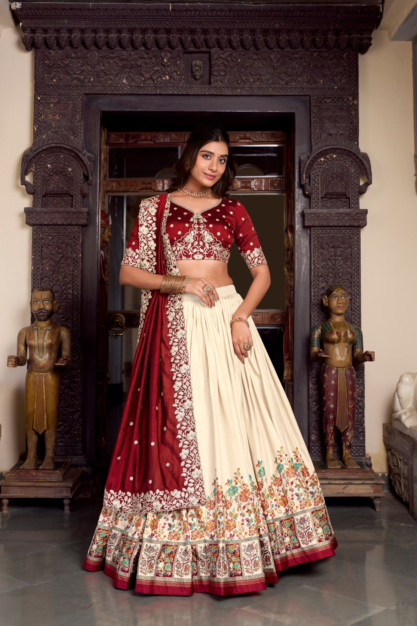 Exquisite Tussar Silk Printed Foil Worked Lehenga Choli Set