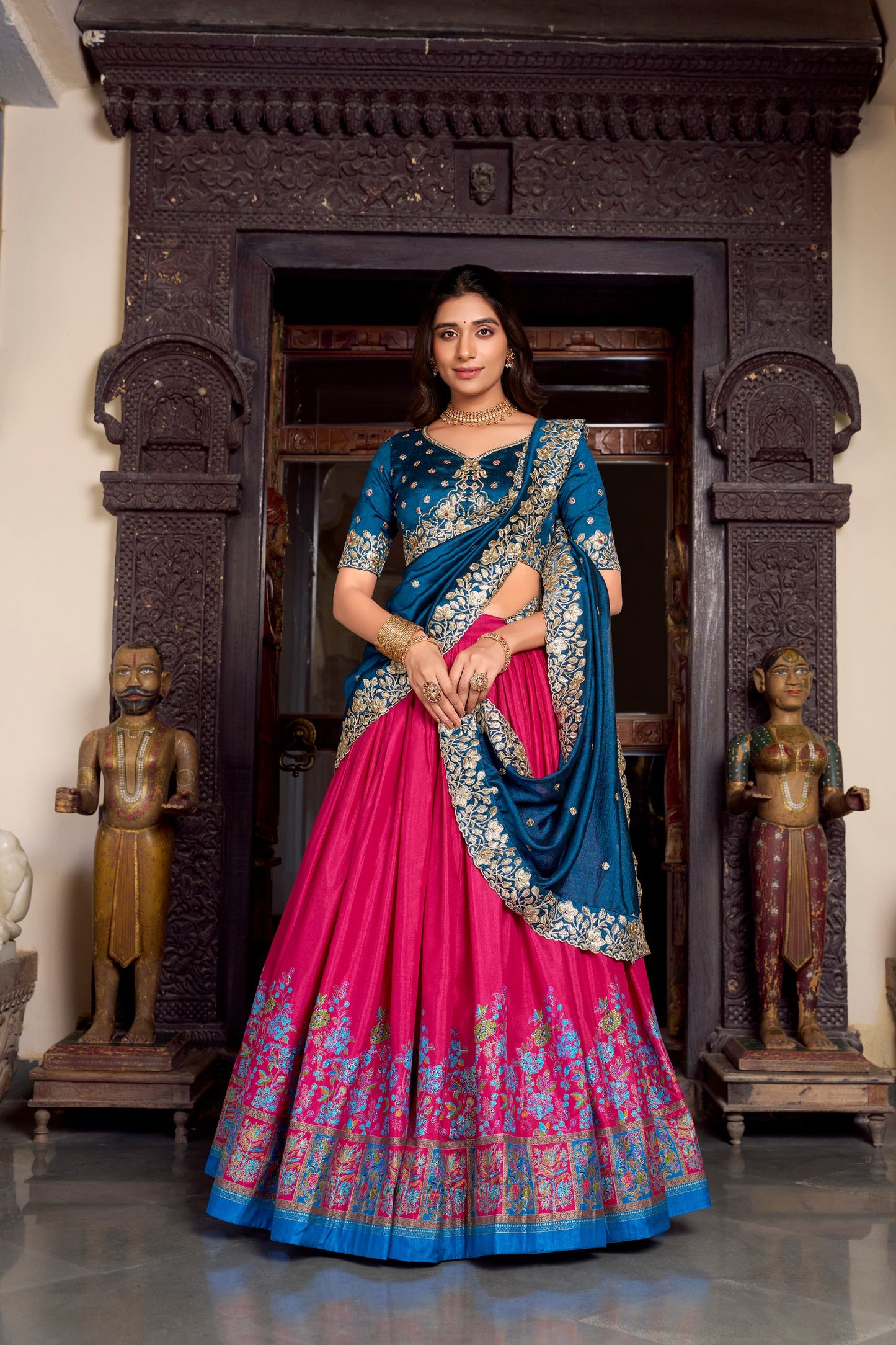 Exquisite Tussar Silk Printed Foil Worked Lehenga Choli Set