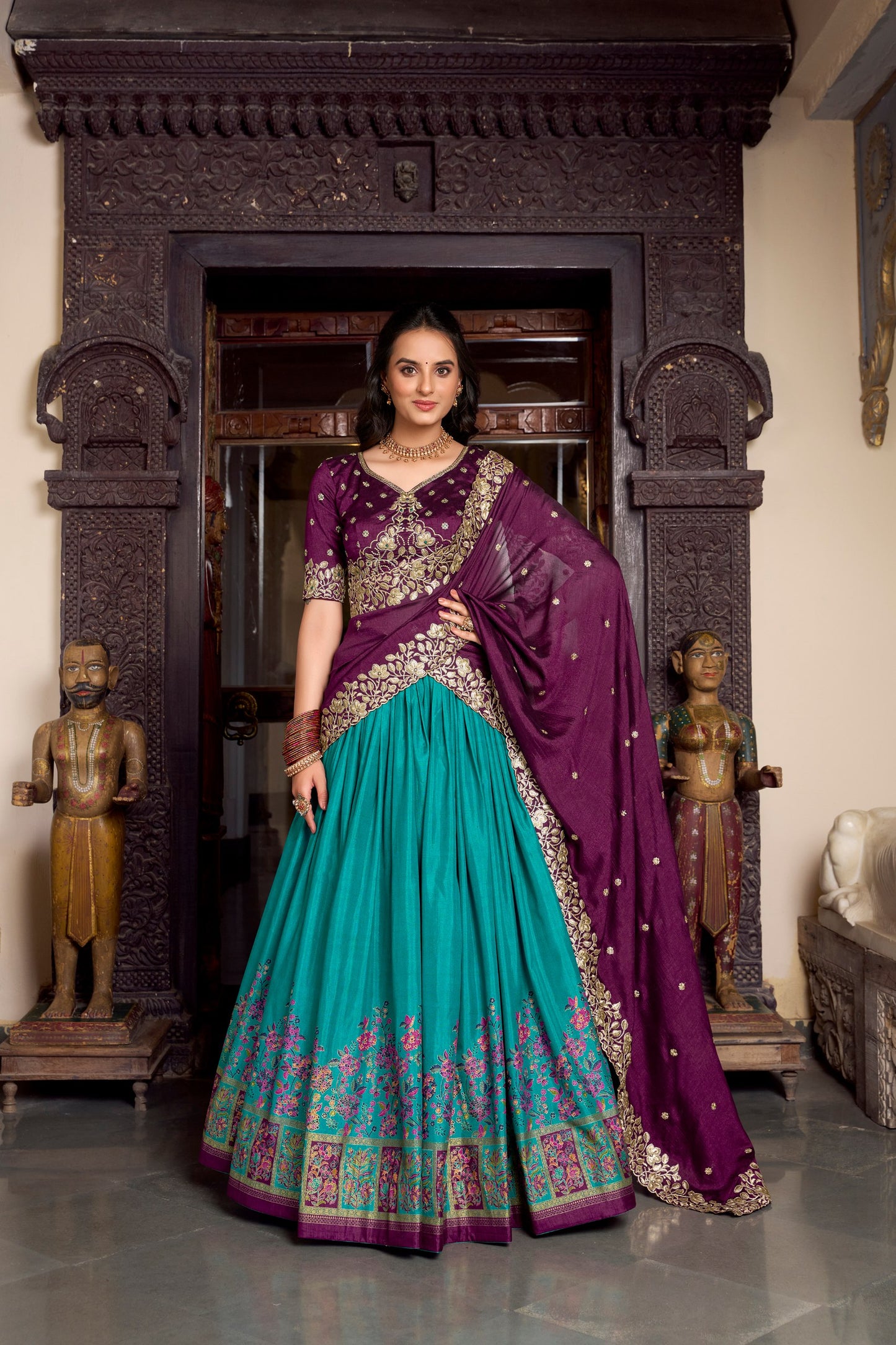 Exquisite Tussar Silk Printed Foil Worked Lehenga Choli Set