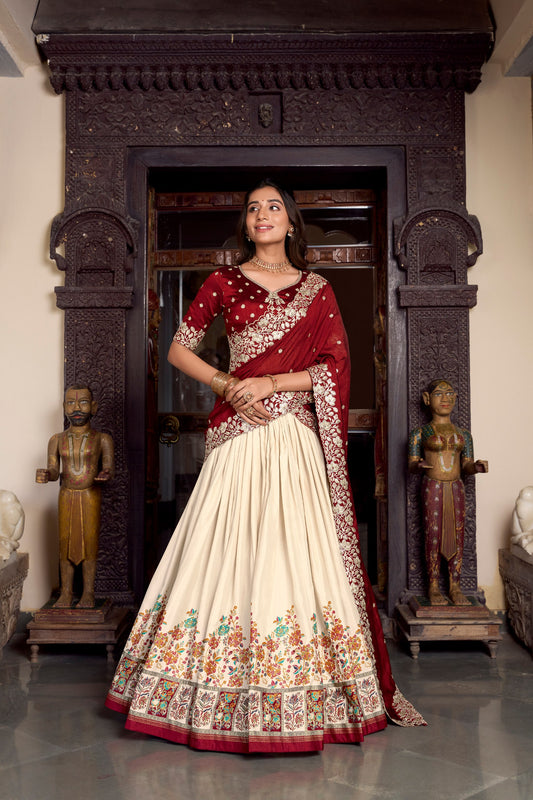 Exquisite Tussar Silk Printed Foil Worked Lehenga Choli Set