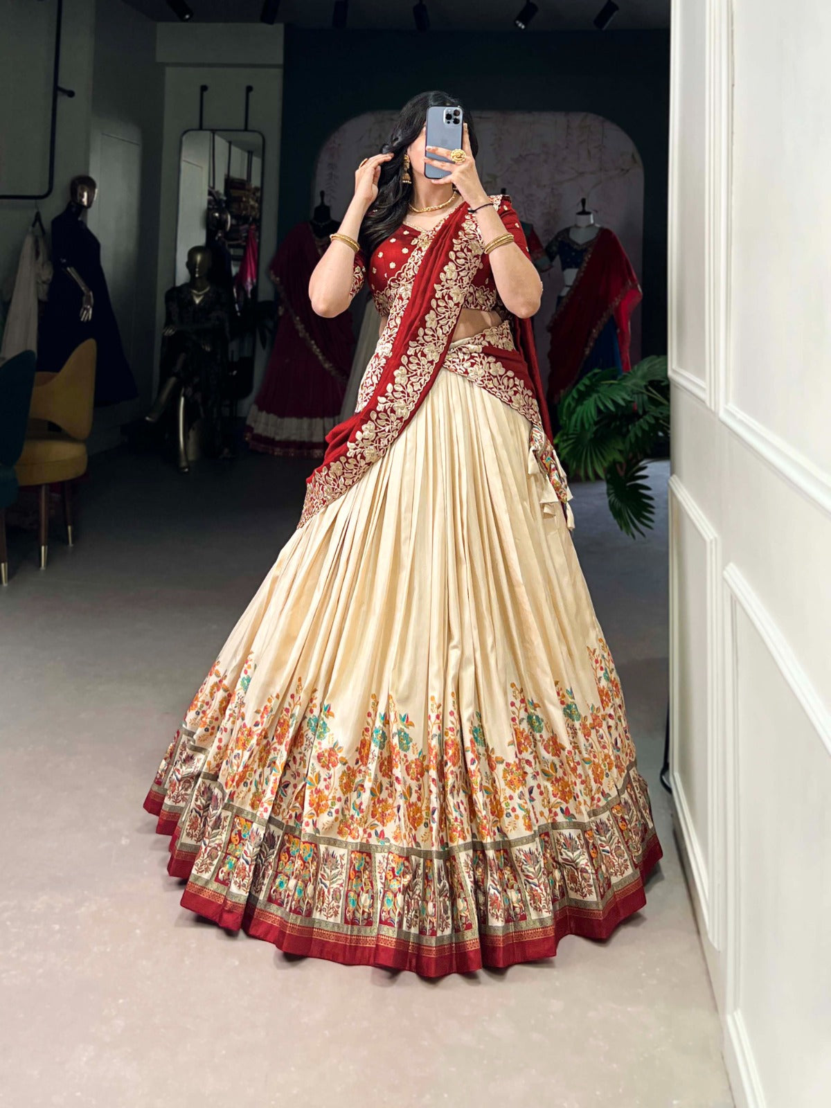Exquisite Tussar Silk Printed Foil Worked Lehenga Choli