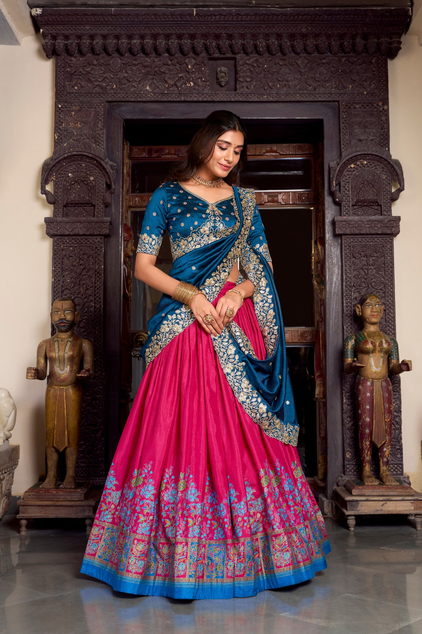Exquisite Tussar Silk Printed Foil Worked Lehenga Choli Set