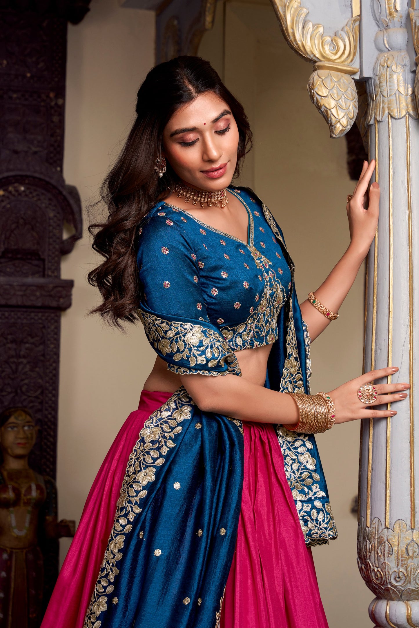 Exquisite Tussar Silk Printed Foil Worked Lehenga Choli Set