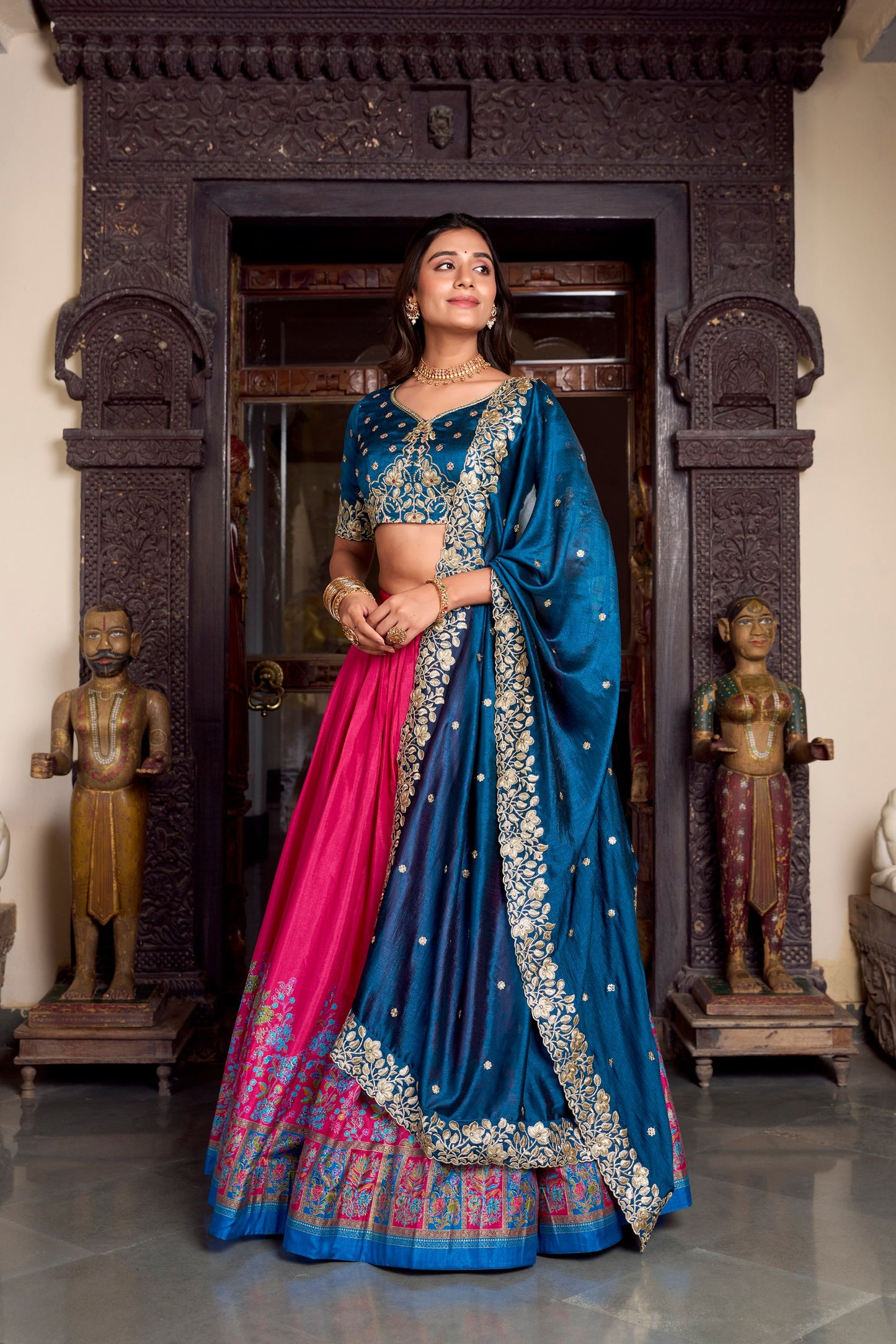Exquisite Tussar Silk Printed Foil Worked Lehenga Choli Set