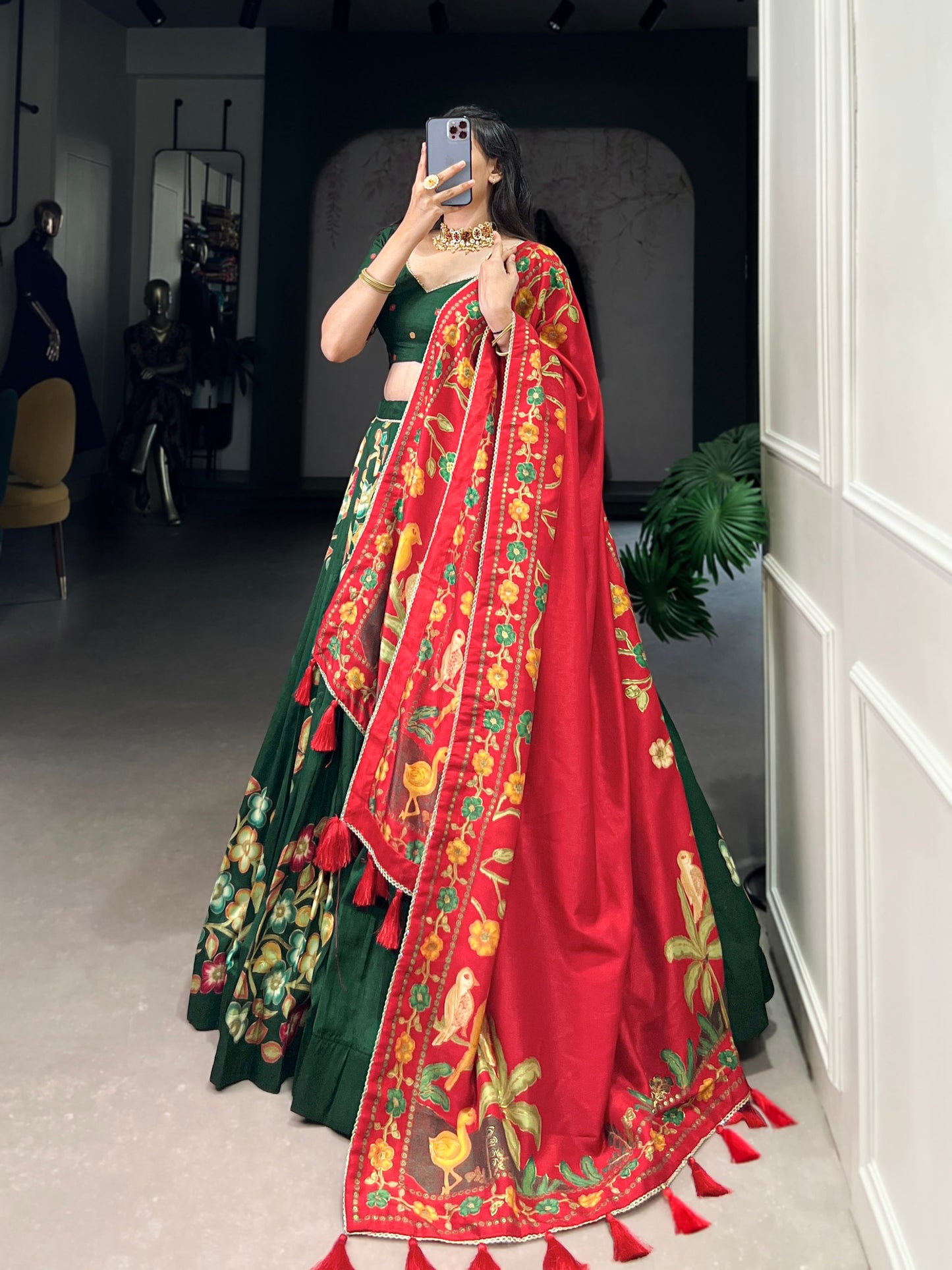 Magnificent Tussar Silk Printed Foil Worked Lehenga Choli