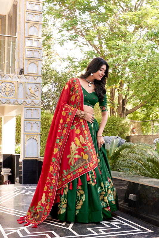 Magnificent Tussar Silk Printed Foil Worked Lehenga Choli