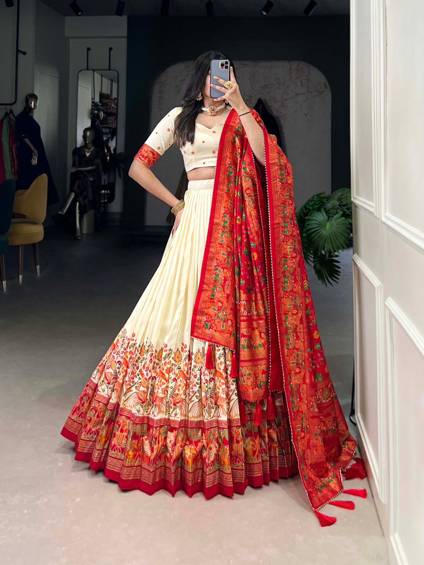 Stunning Tussar Silk Printed Foil Worked Lehenga Choli Set