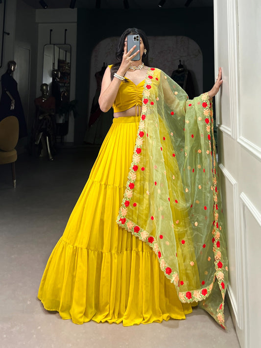 Fabulous Yellow Georgette Fully Stitched Ruffle Lehenga Choli