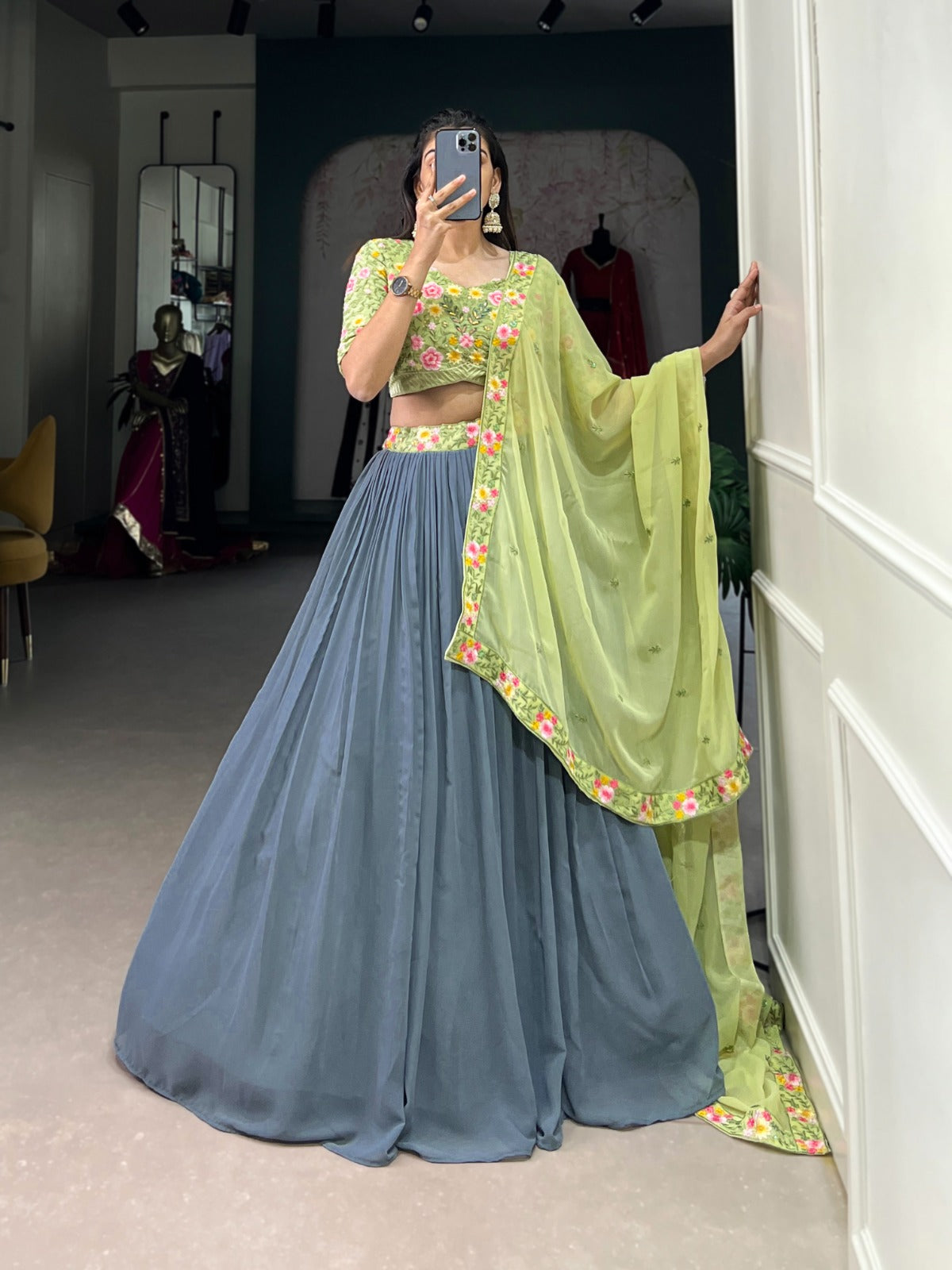 Beaming Georgette Sequins Thread Worked Lehenga Choli Set - Ethnicwish