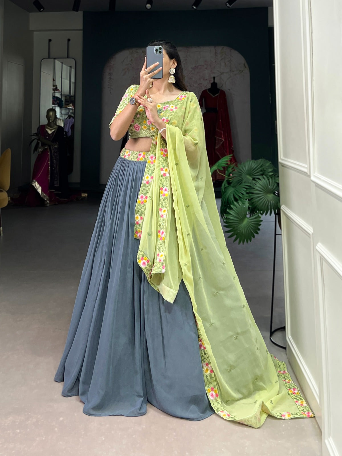 Beaming Georgette Sequins Thread Worked Lehenga Choli Set - Ethnicwish