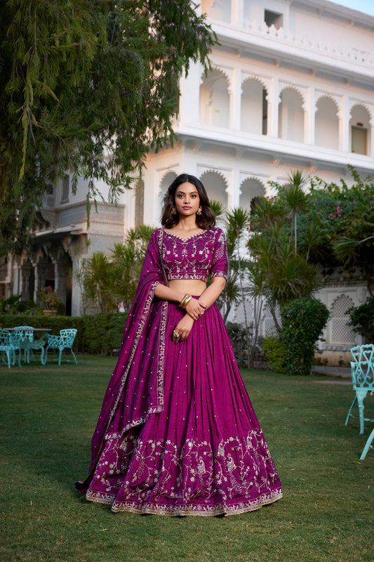 Enchanting Wine Vichitra Silk Sequins Thread Worked Lehenga Choli - Ethnicwish
