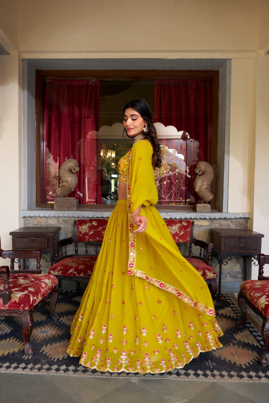 Graceful Yellow Georgette Sequins Thread Worked Lehenga Choli