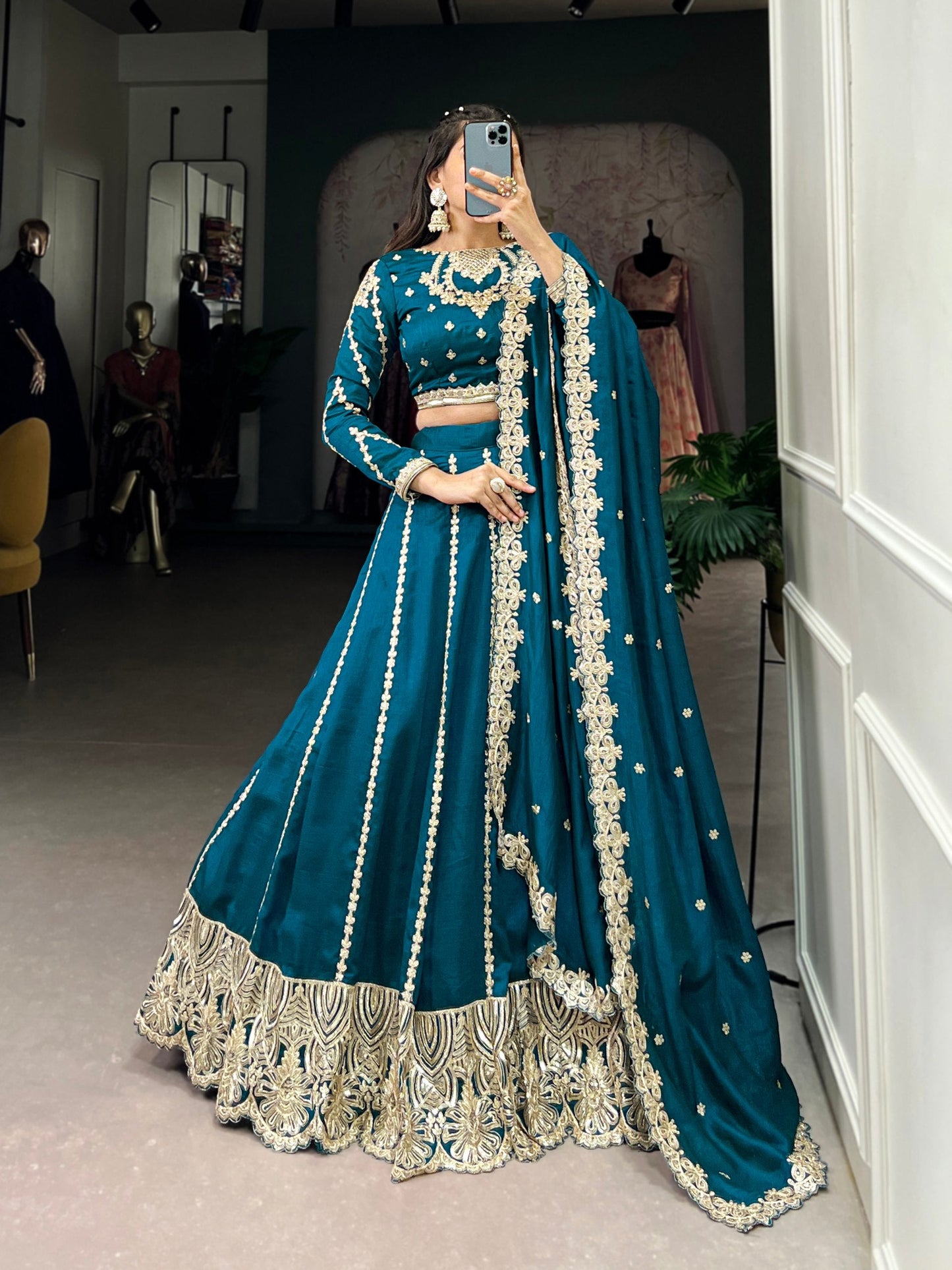 Exquisite Firozi Vichitra Silk Thread Sequins Worked Lehenga Choli