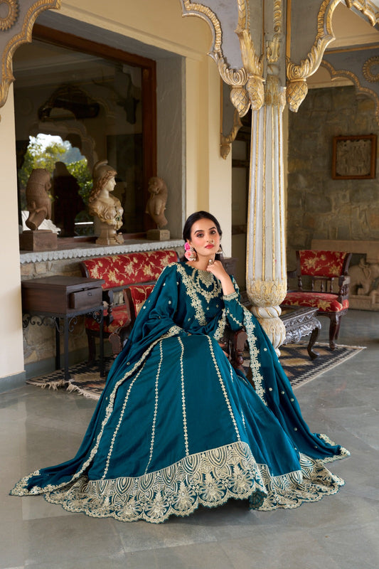 Exquisite Firozi Vichitra Silk Thread Sequins Worked Lehenga Choli