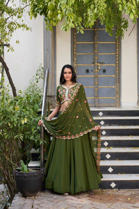 Divine Mehendi Green Georgette Sequins Thread Worked Lehenga Choli