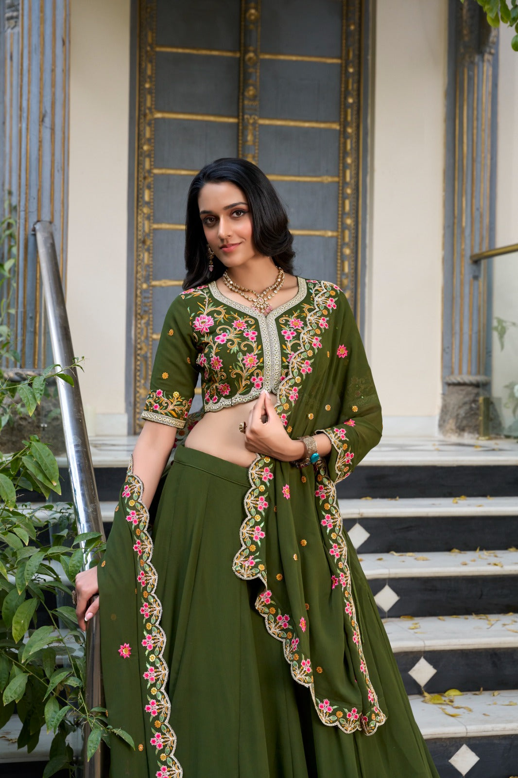 Divine Mehendi Green Georgette Sequins Thread Worked Lehenga Choli