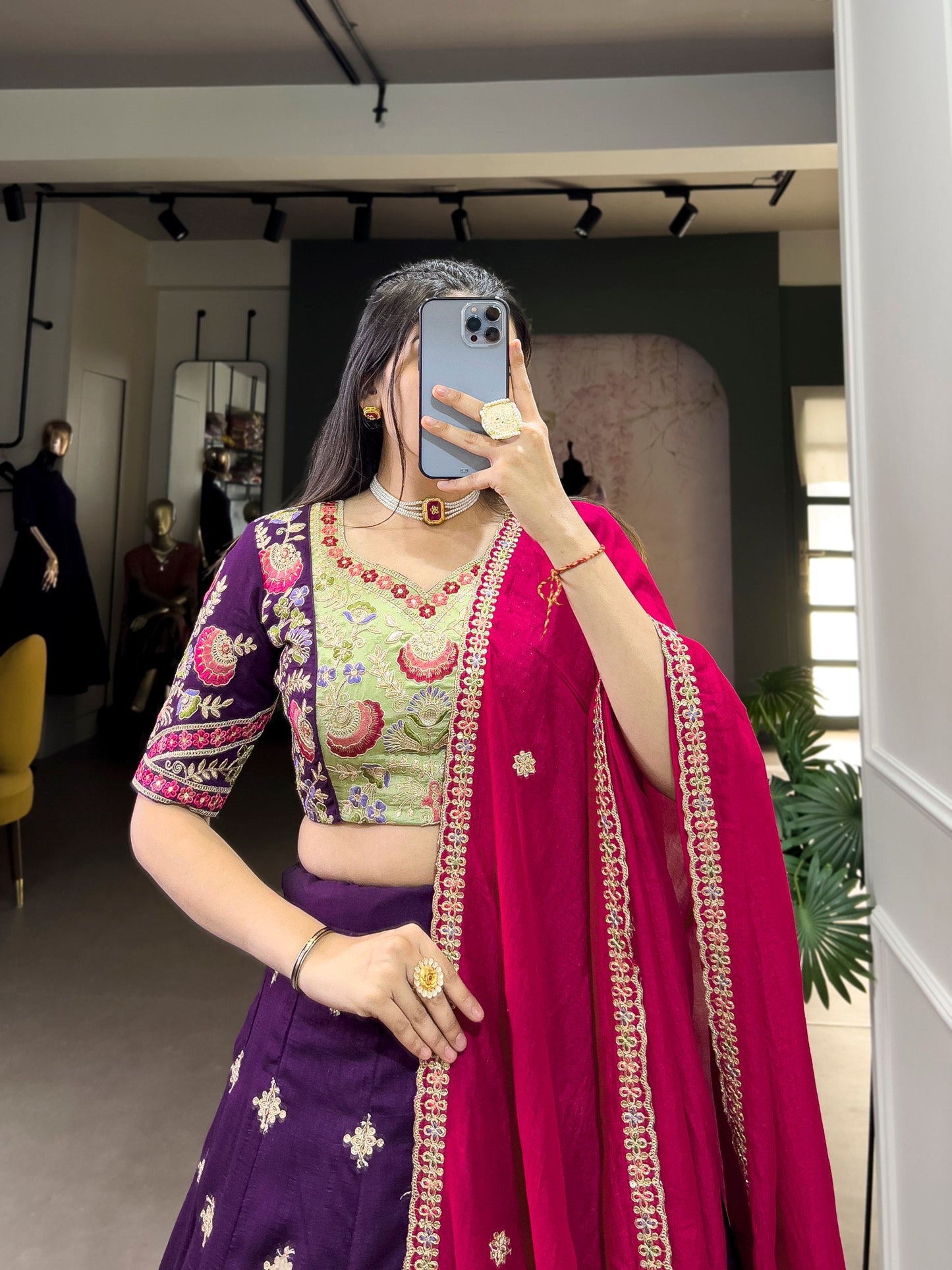 Elegant Purple Sequins Thread Embroidered Lehenga Choli - Ethnicwish