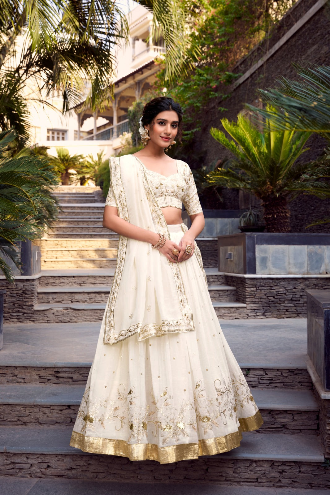 Off White Silver Glossy Sequins Embroidered Lehenga Choli