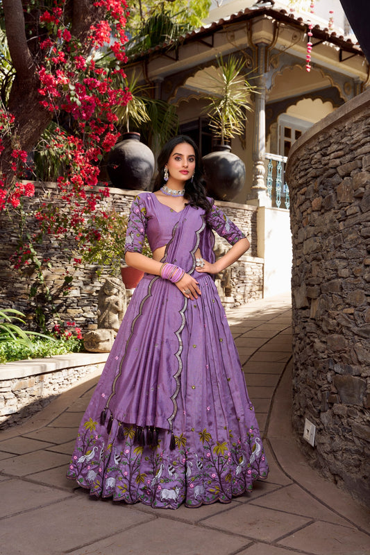 Fetching Lavender Vichitra Simmer Thread Sequins Worked Lehenga Choli
