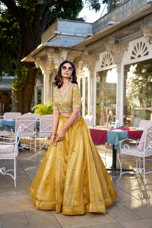 Lovely Mustard Goldie Sequins Thread Worked Lehenga Choli - Ethnicwish