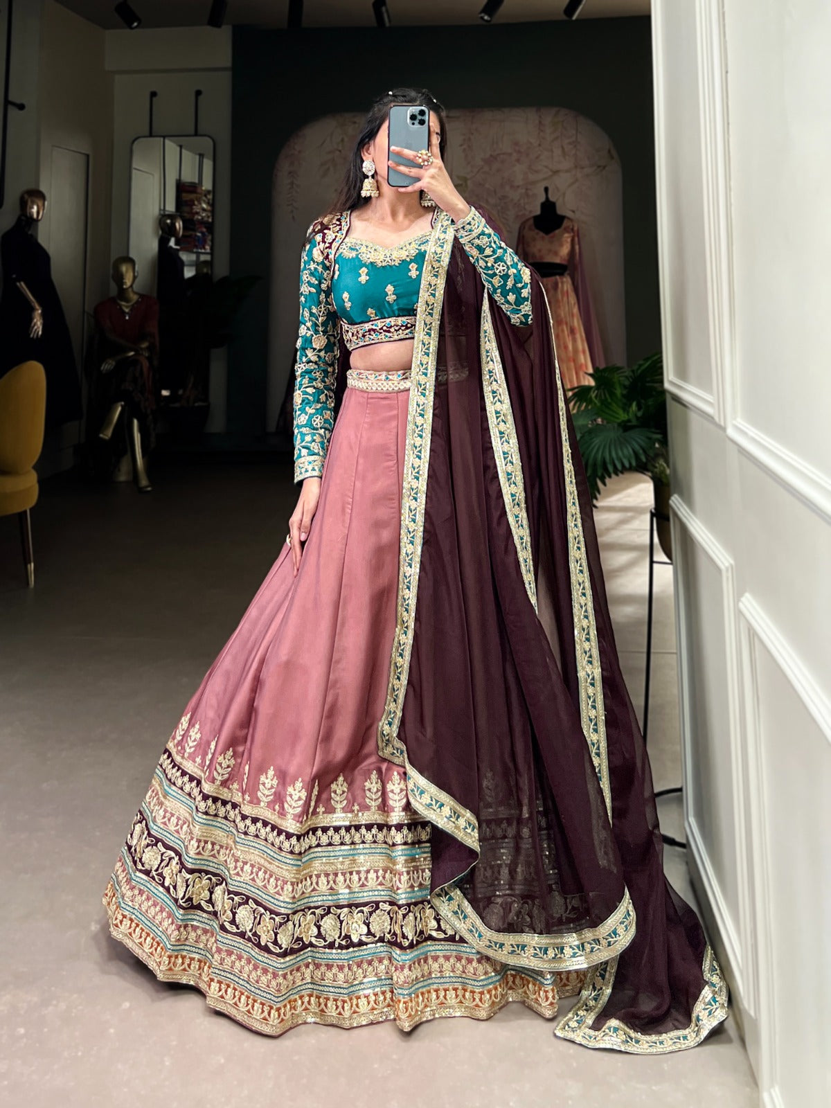 Elegant Moonga Silk Sequins Thread Worked Lehenga Choli - Ethnicwish
