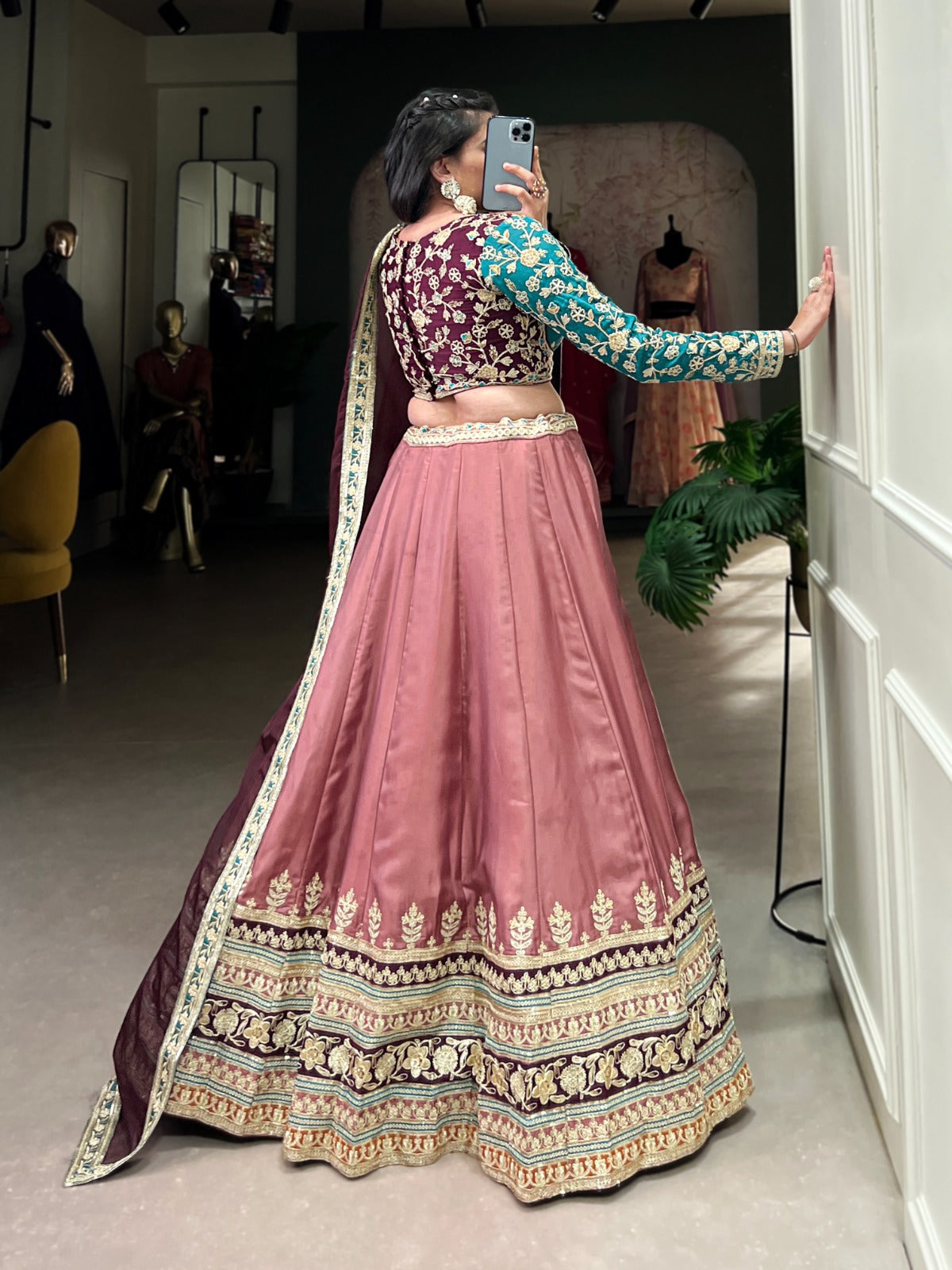 Elegant Moonga Silk Sequins Thread Worked Lehenga Choli - Ethnicwish