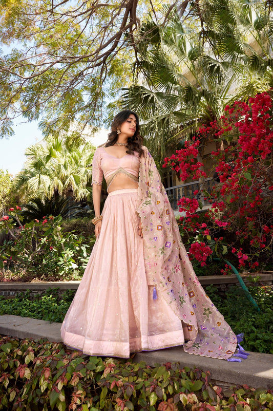 Breathtaking Light Peach Gold Crush Sequins Thread Worked Lehenga Choli