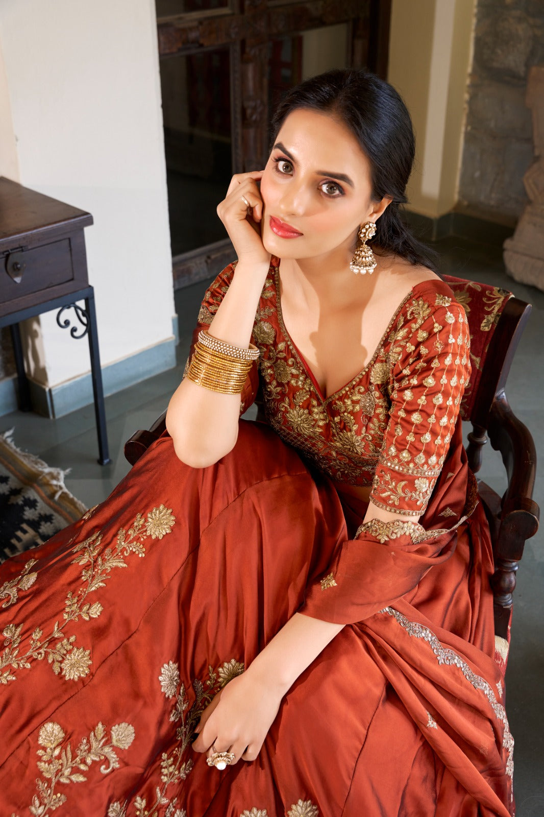 Rust Rangoli Silk Sequins Thread Worked Lehenga Choli Set