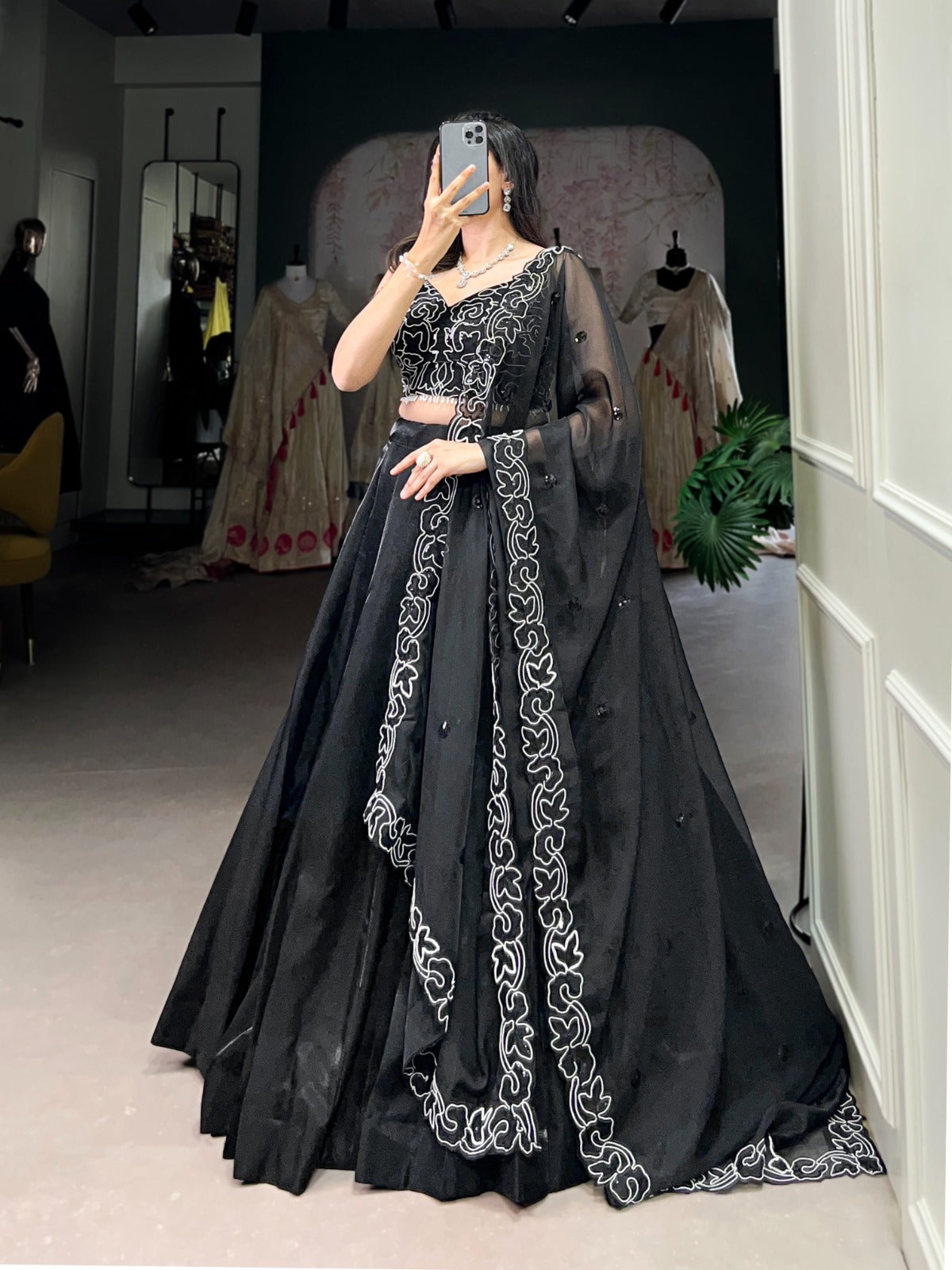 Spellbinding Satin Pearl Cording Sequins Worked Lehenga Set - Ethnicwish