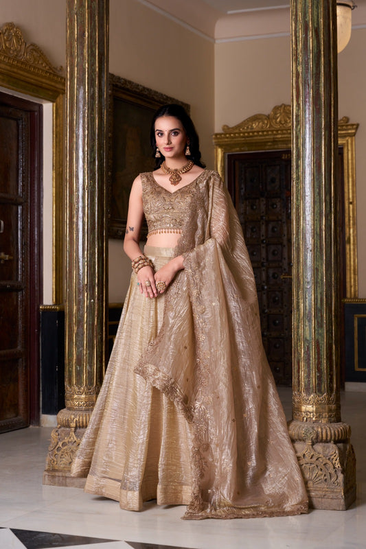 Attractive Chikoo Gold Crush Sequins Thread Worked Lehenga Choli