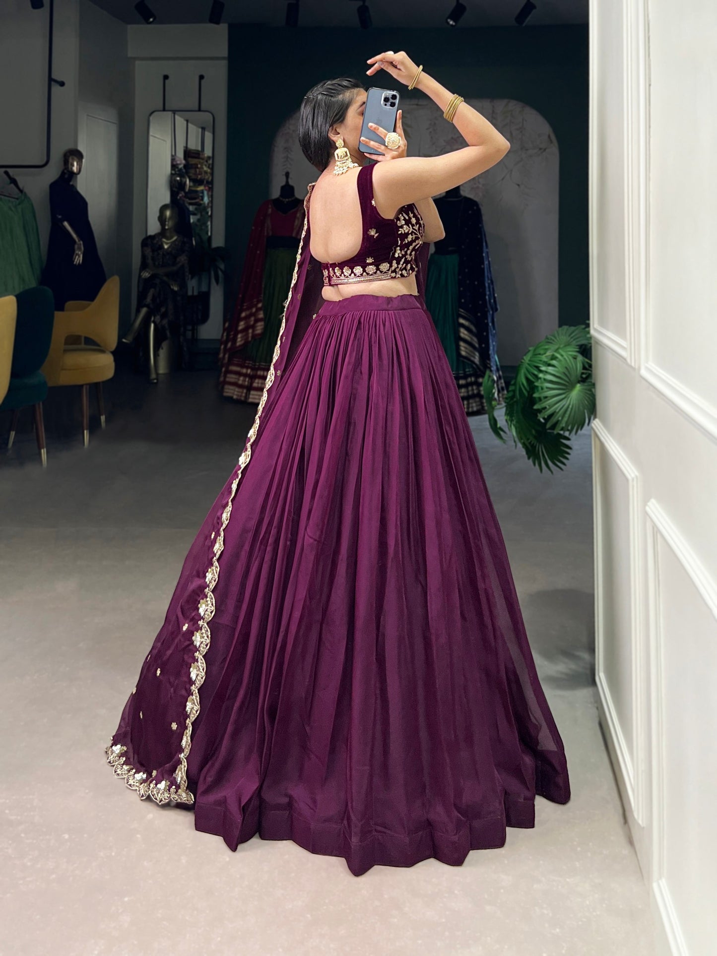 Mesmerizing Wine Organza Sequins Thread Worked Lehenga Choli
