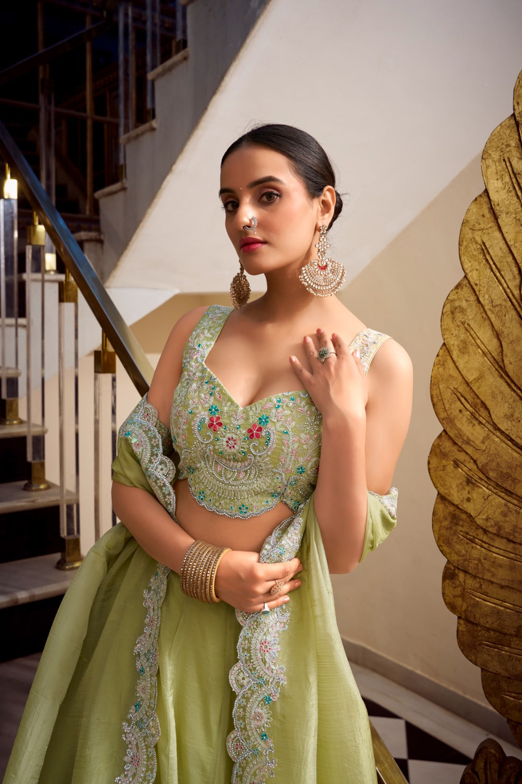 Magnificent Gold Crush Sequins Thread Diamond Worked Lehenga Choli