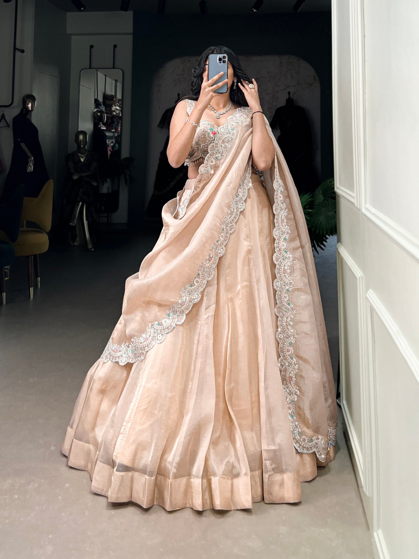 Magnificent Gold Crush Sequins Thread Diamond Worked Lehenga Choli