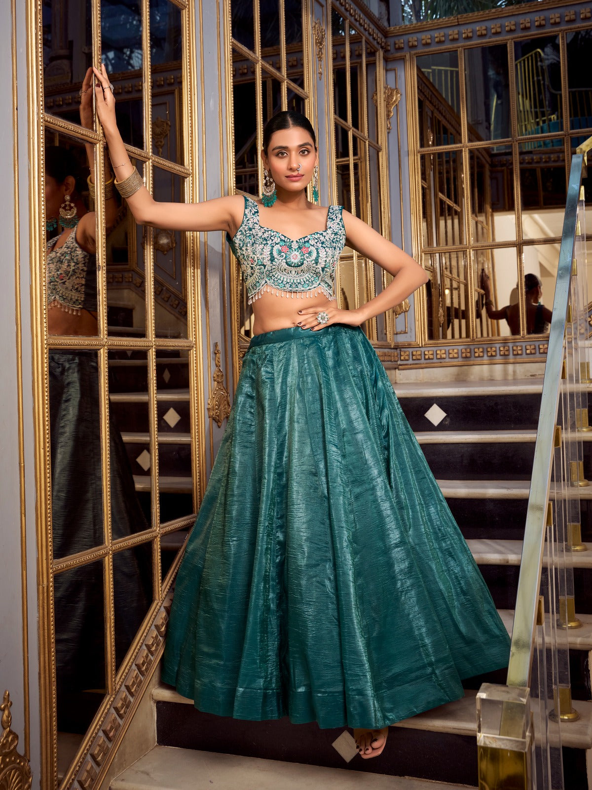 Magnificent Gold Crush Sequins Thread Diamond Worked Lehenga Choli
