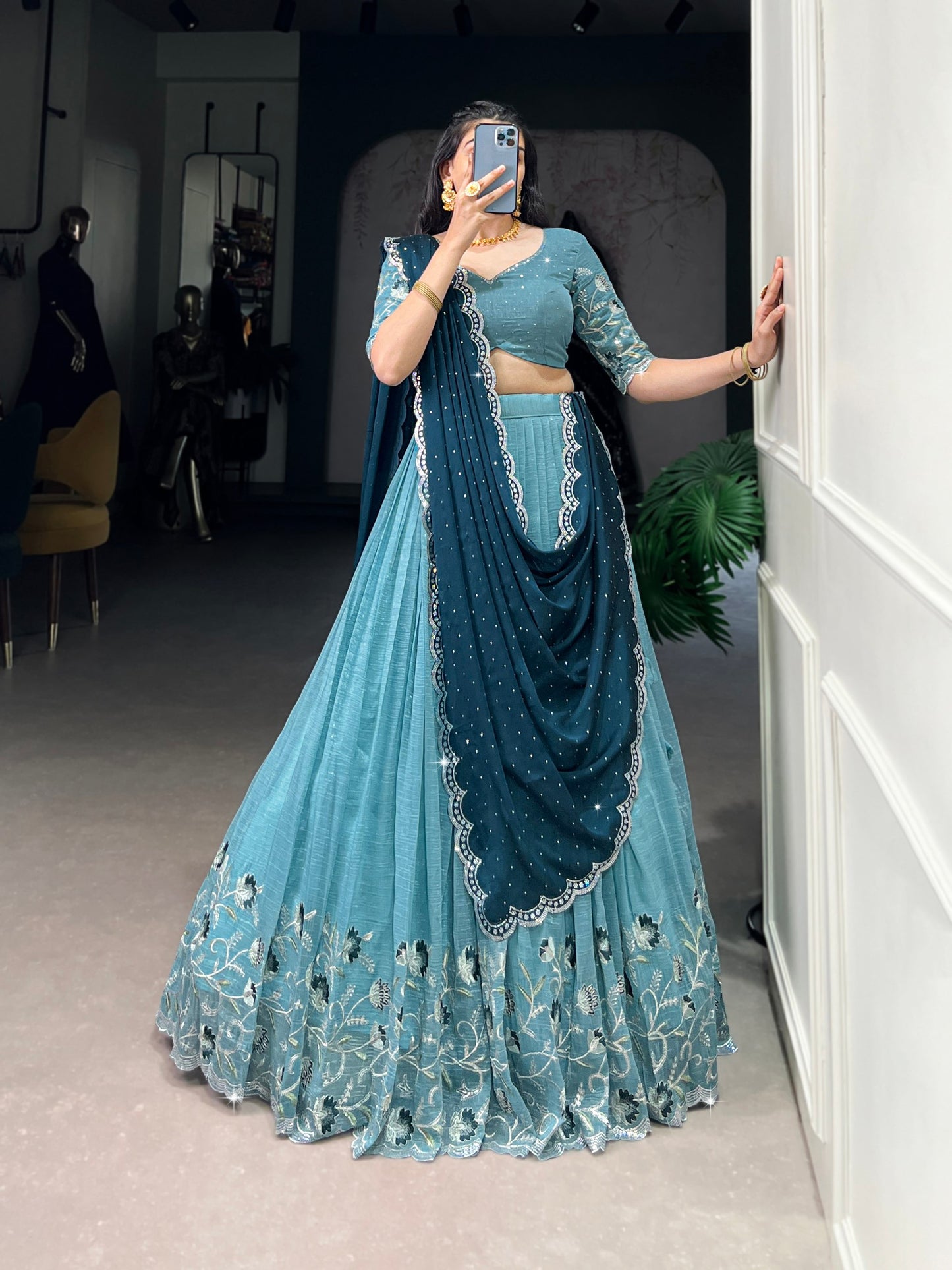 Attractive Silver Glosy Thread Sequins Worked Lehenga Choli
