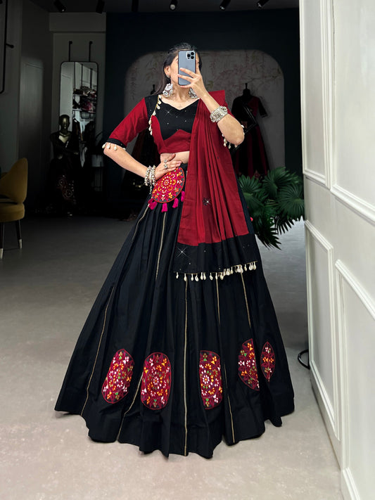 Graceful Black Pure Cotton Gamthi Worked Navratri Lehenga Choli
