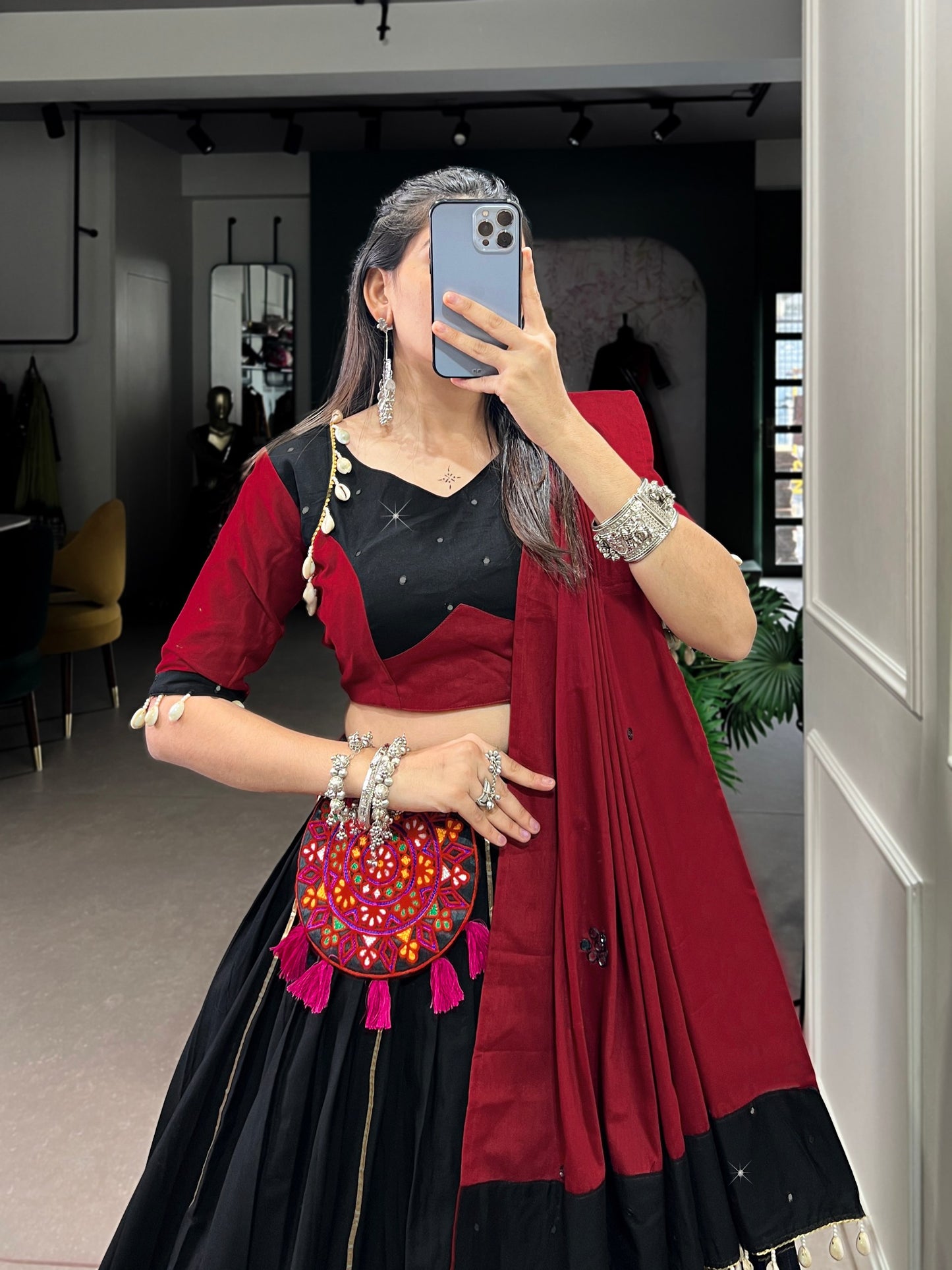 Graceful Black Pure Cotton Gamthi Worked Navratri Lehenga Choli