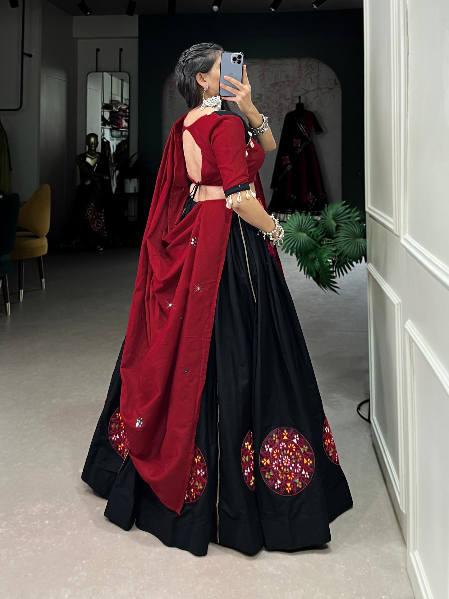 Graceful Black Pure Cotton Gamthi Worked Navratri Lehenga Choli