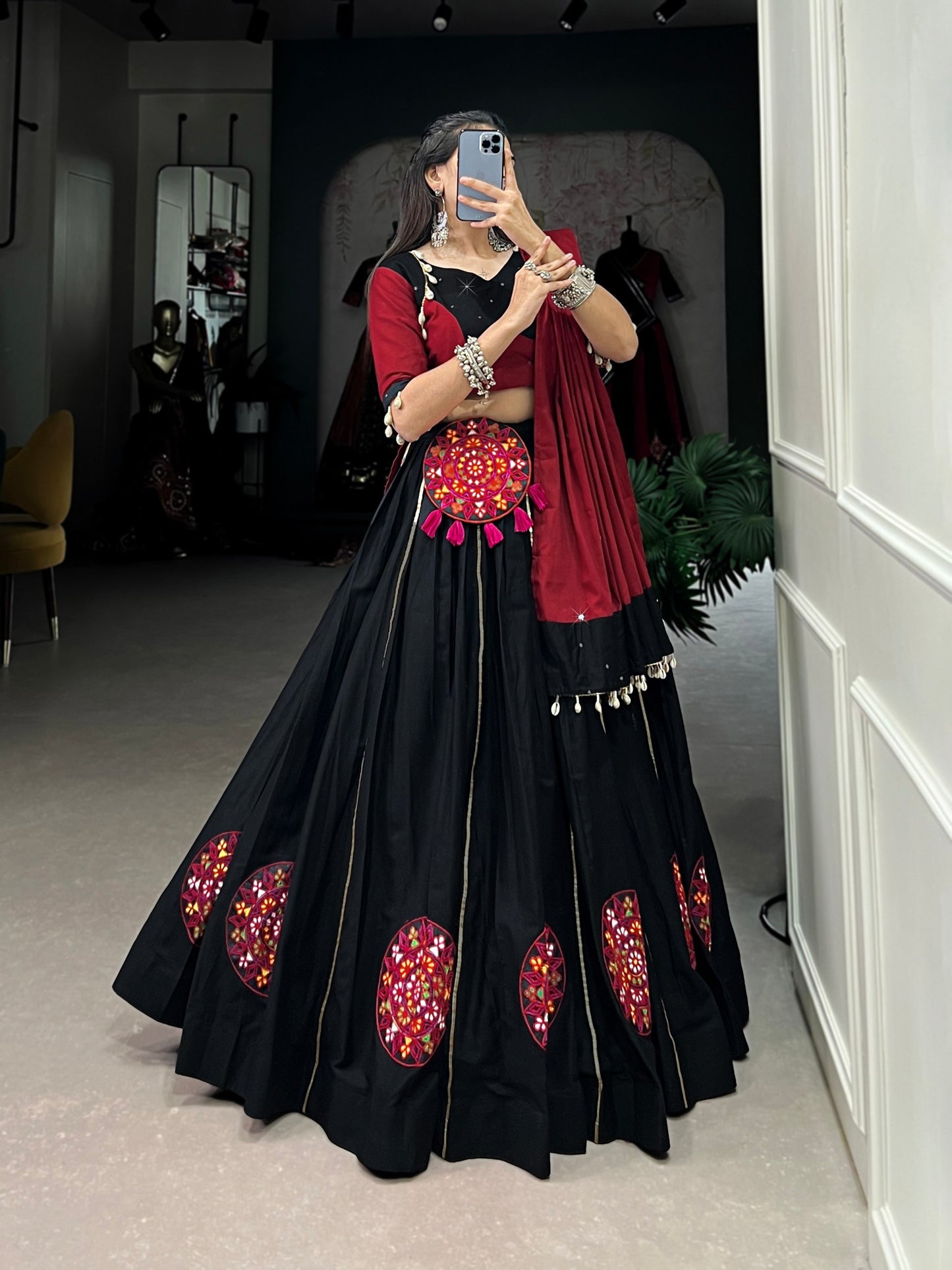 Graceful Black Pure Cotton Gamthi Worked Navratri Lehenga Choli