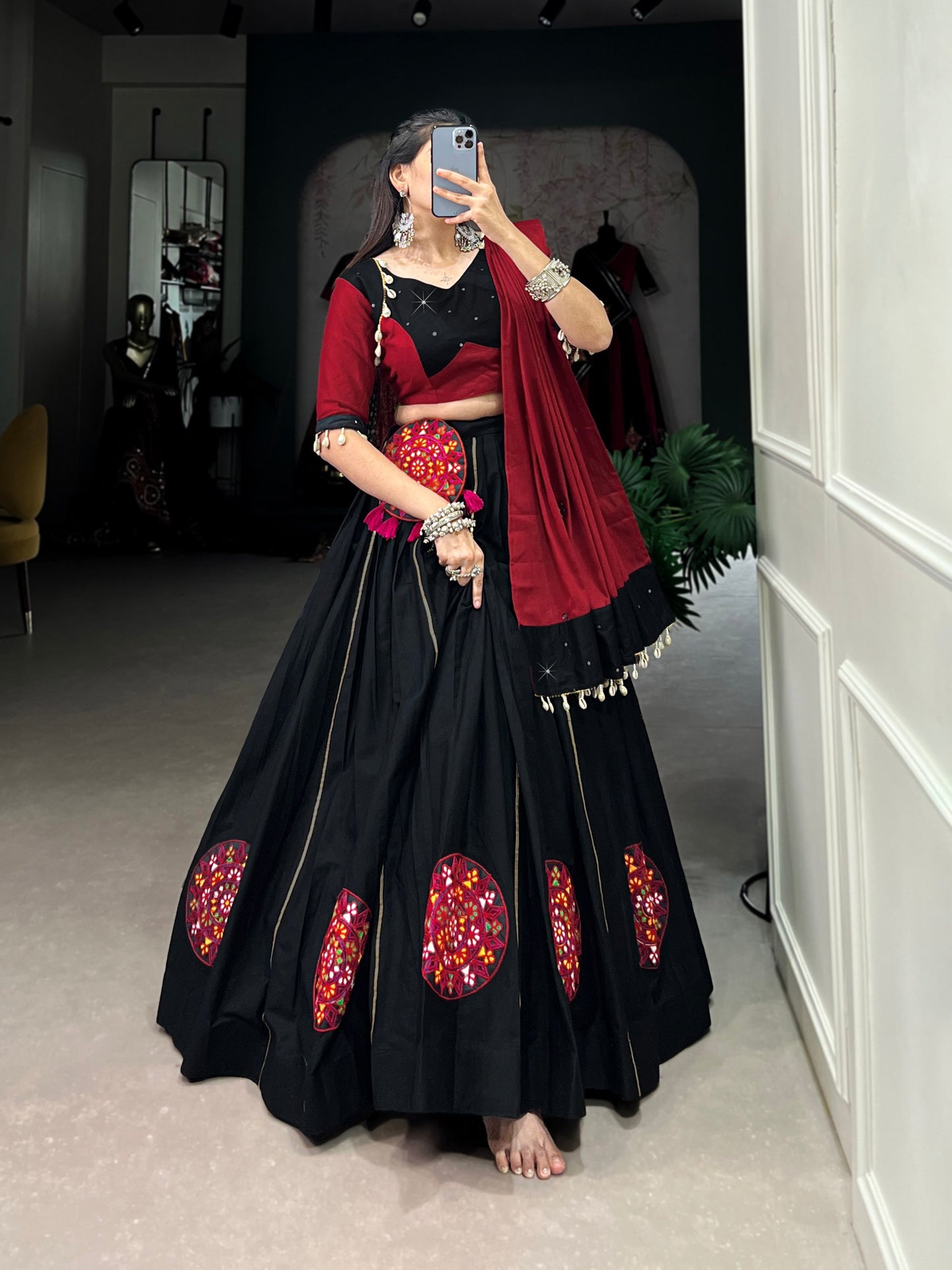 Graceful Black Pure Cotton Gamthi Worked Navratri Lehenga Choli
