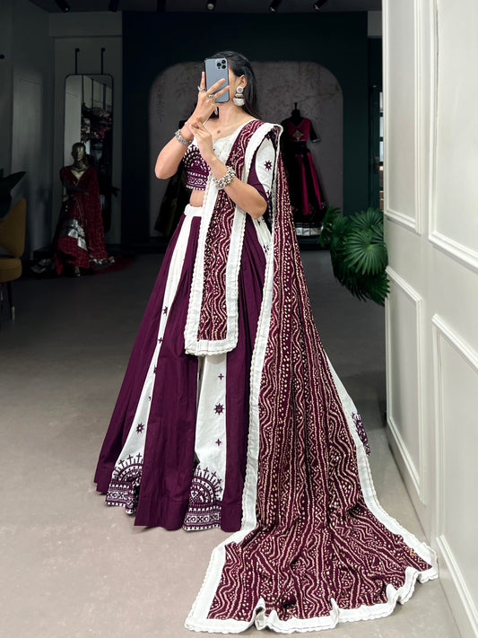 Exquisite Wine Pure Cotton Mirror Gamthi Worked Navratri Lehenga Choli