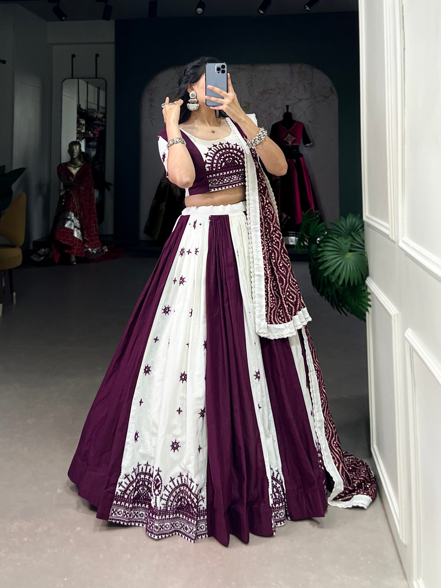 Exquisite Wine Pure Cotton Mirror Gamthi Worked Navratri Lehenga Choli
