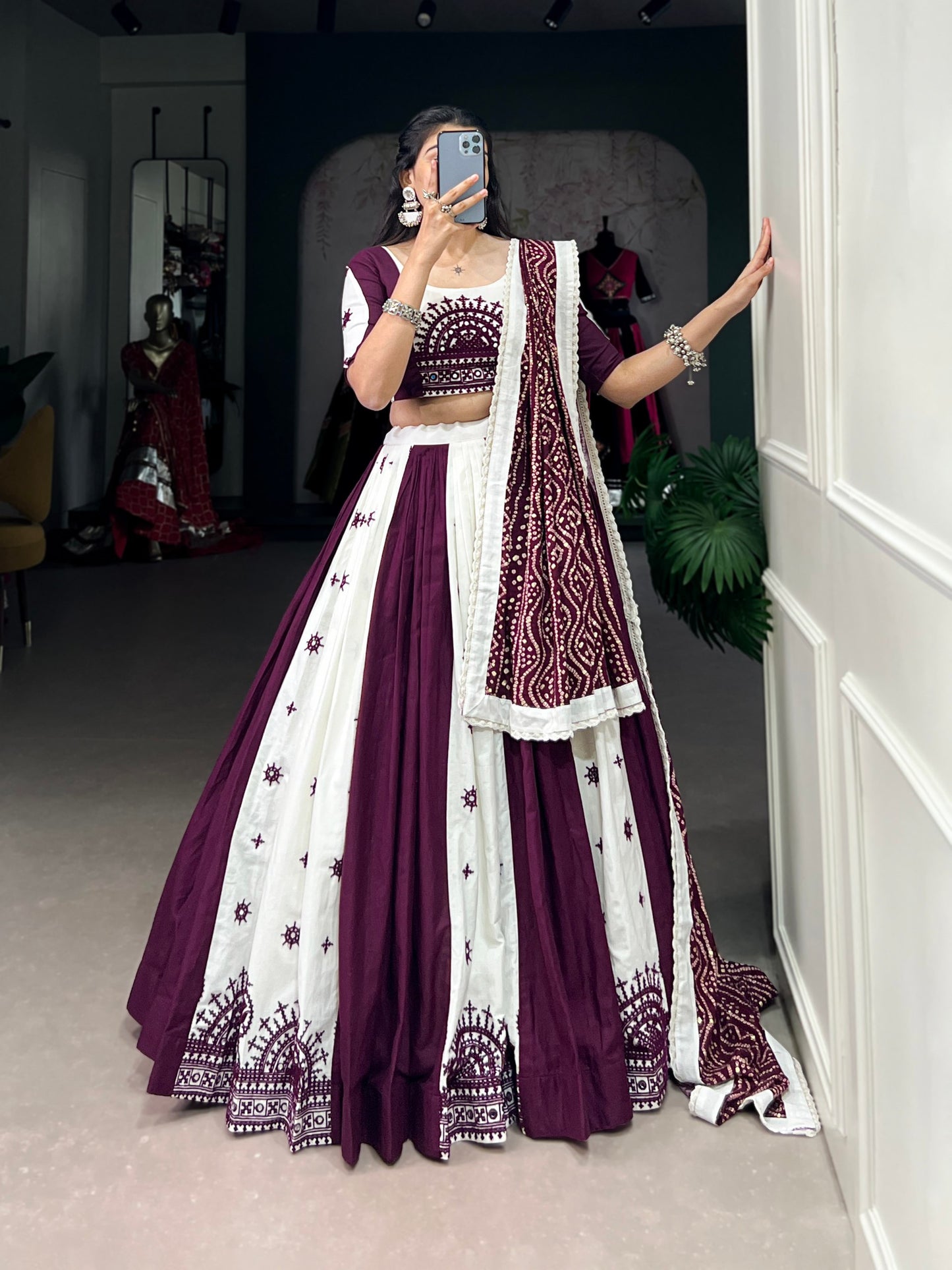 Exquisite Wine Pure Cotton Mirror Gamthi Worked Navratri Lehenga Choli
